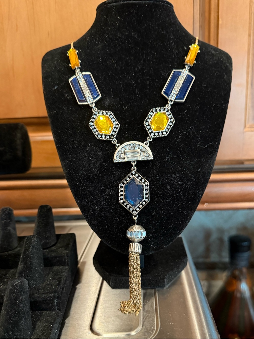 Sparkling Sage Navy and Amber Tassel Necklace